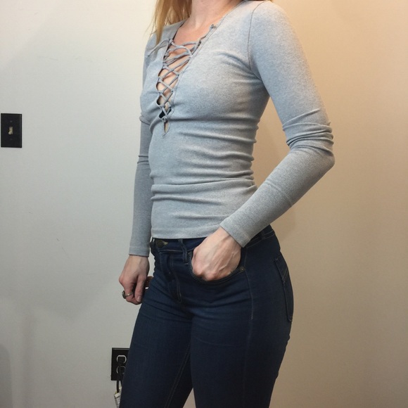 Free People Grey Lace Up Front Spandex Top Shirt - Picture 8 of 8